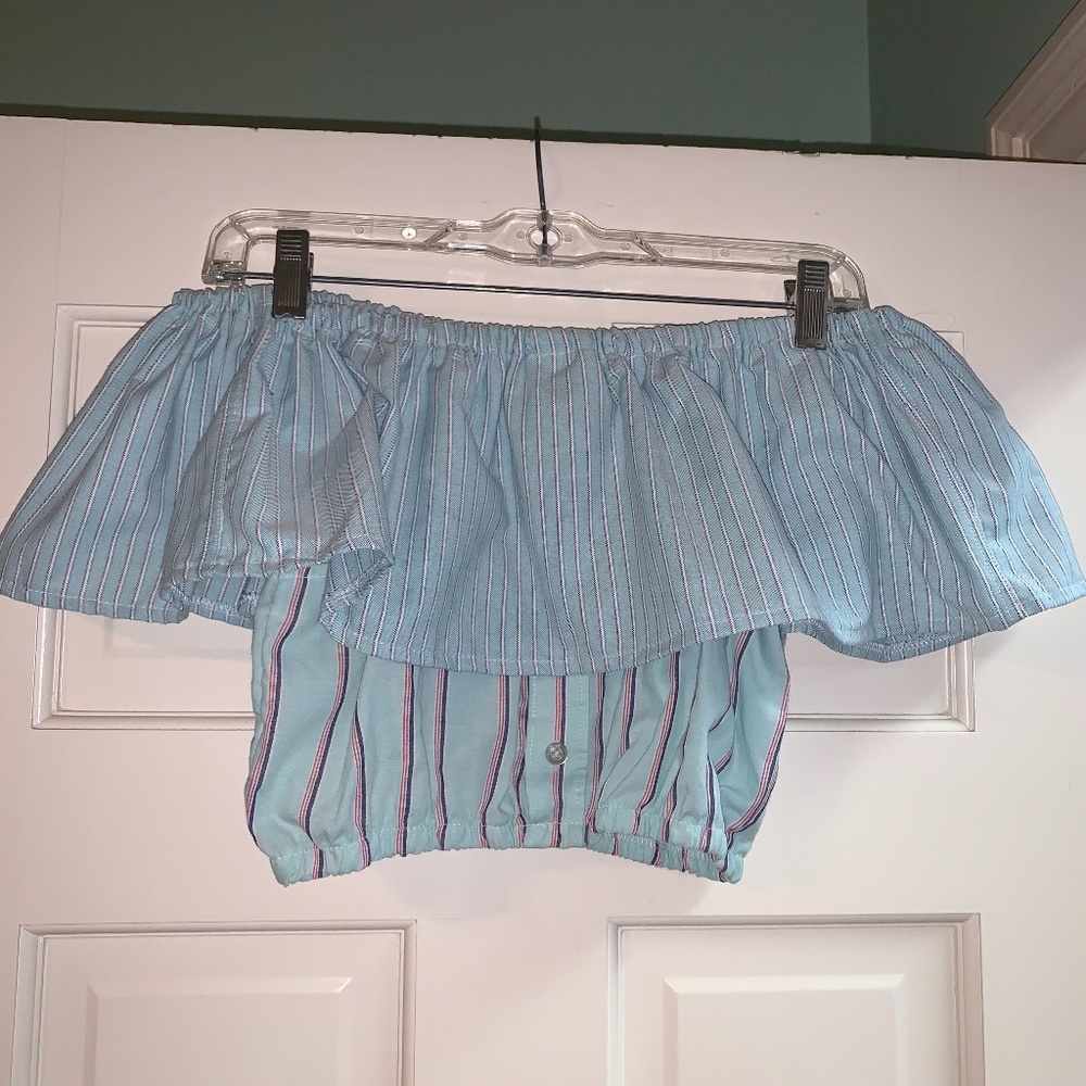 off shoulder blue striped blousey crop top